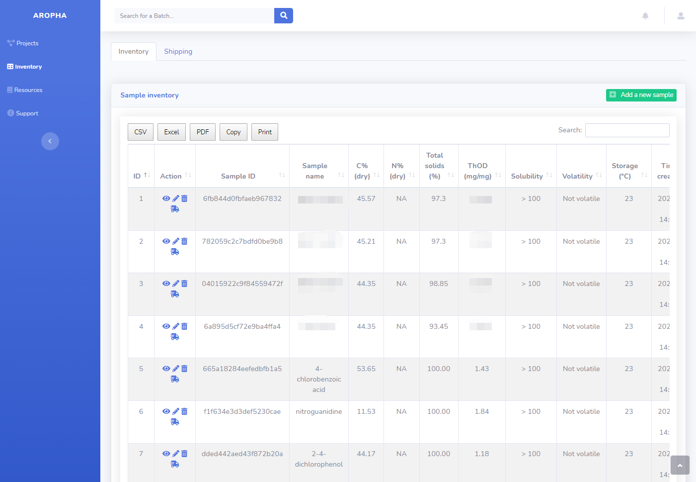Aropha console: sample inventory and shipping