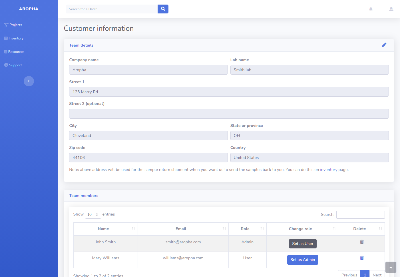 Aropha console: team management and billing